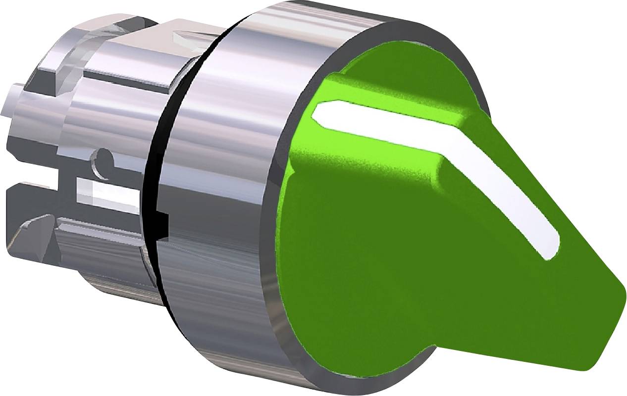 Silberner Metallschalter mit grünem Hebel, zeigt auf 'Ein'. Wird häufig in elektronischen Geräten zur Stromzufuhr verwendet.