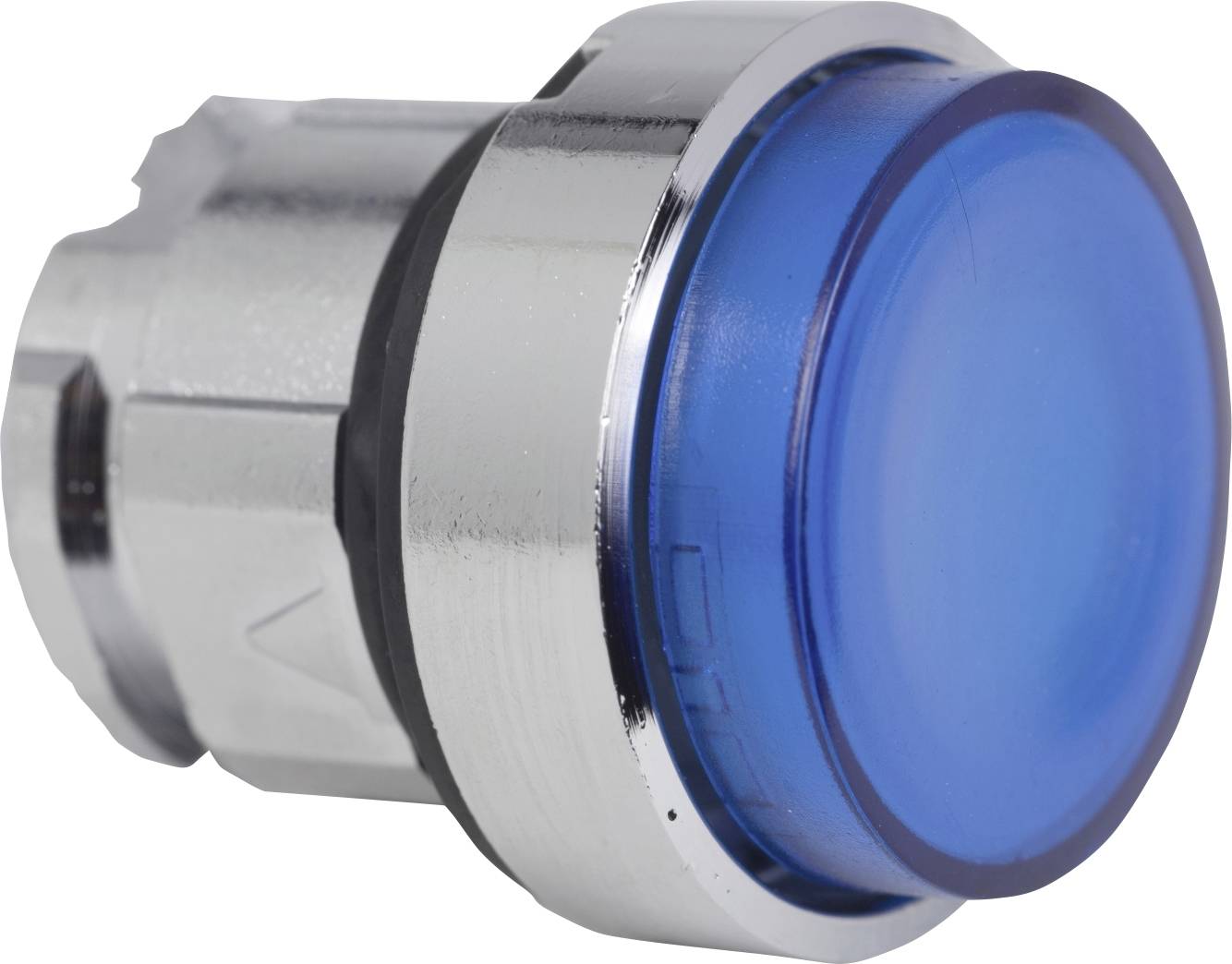 Silberner Schalter mit großem, blauem Knopf in der Mitte.