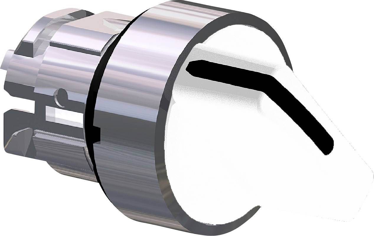 Ein silberner Drehschalter mit einem schwarzen Pfeil zeigt nach rechts. Der Schalter ist aus metallischem Material gefertigt.