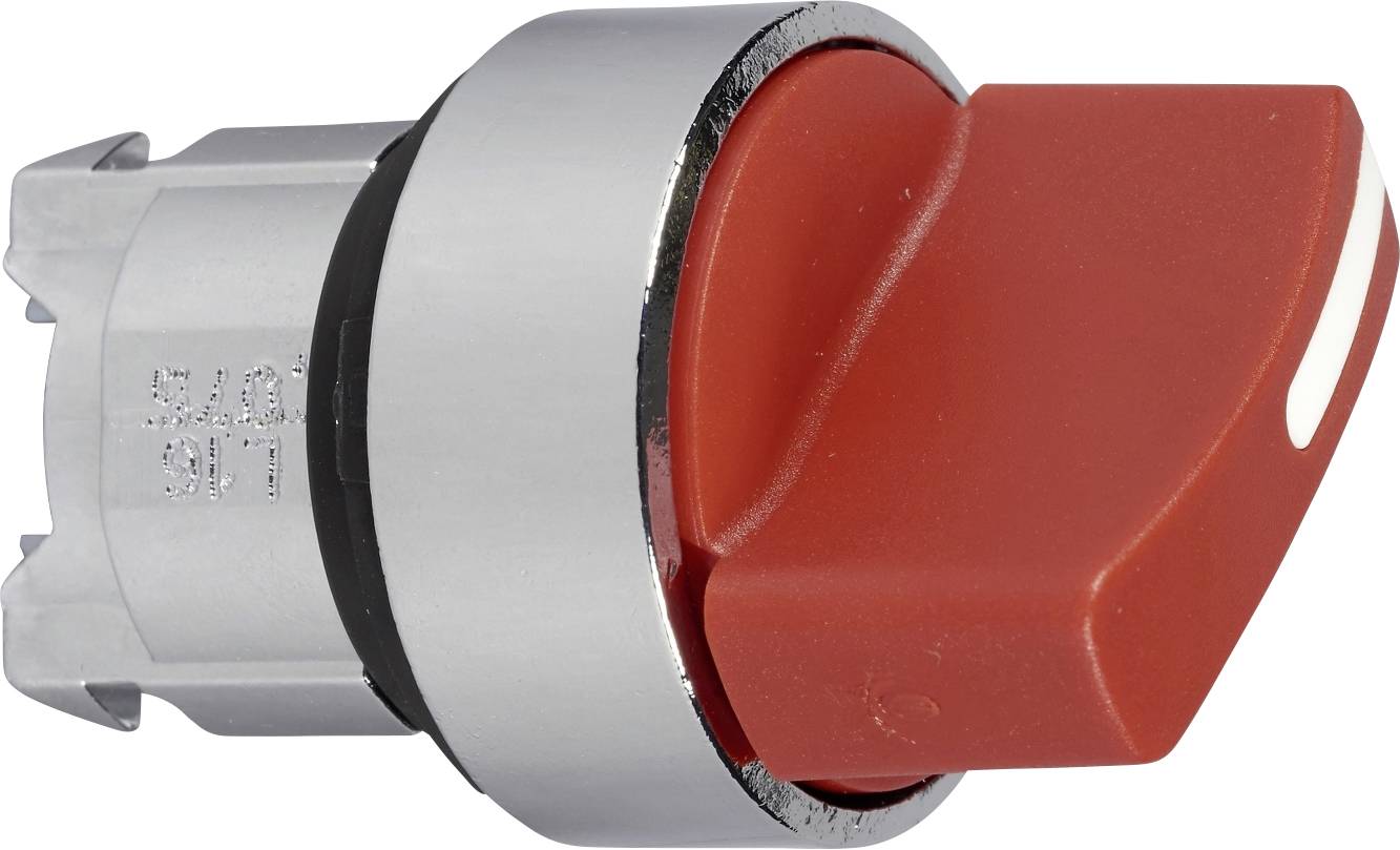 Ein roter, rechteckiger Drehschalter mit silbernem Rand, geeignet für industrielle Anwendungen oder Maschinensteuerungen.