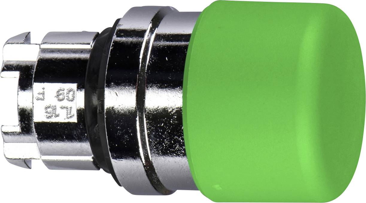 Ein grüner, zylindrischer Druckknopf mit Metallgehäuse, wie er häufig in industriellen Steuerungen verwendet wird.