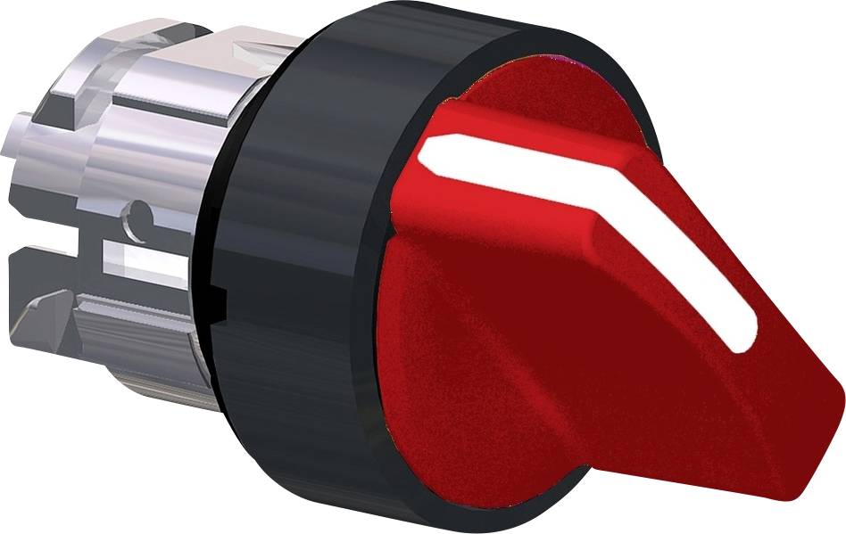 Ein roter Kippschalter mit schwarzem Sockel, der in einer Maschinenumgebung zur Steuerung verschiedener Funktionen verwendet wird.