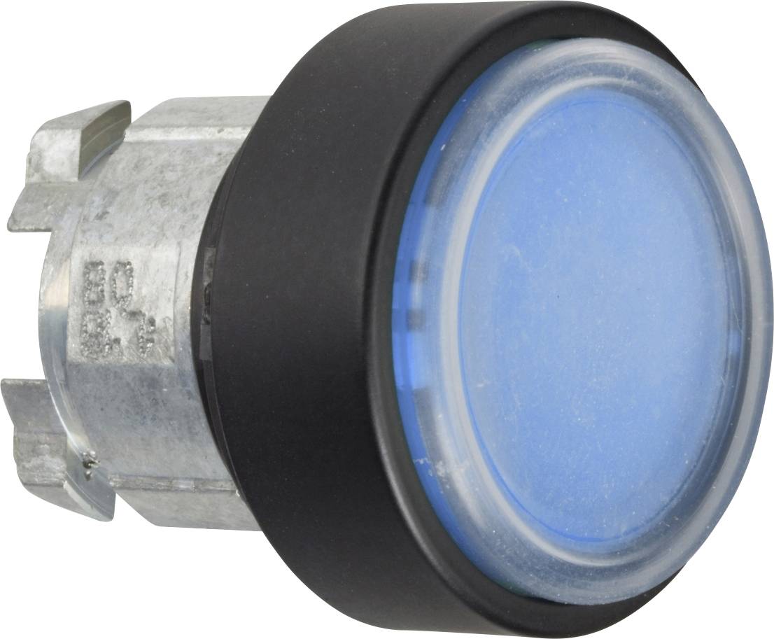 Ein runder, blauer Druckknopf mit silbernem Sockel, verwendet in elektronischen Geräten zur Steuerung oder Bedienung.