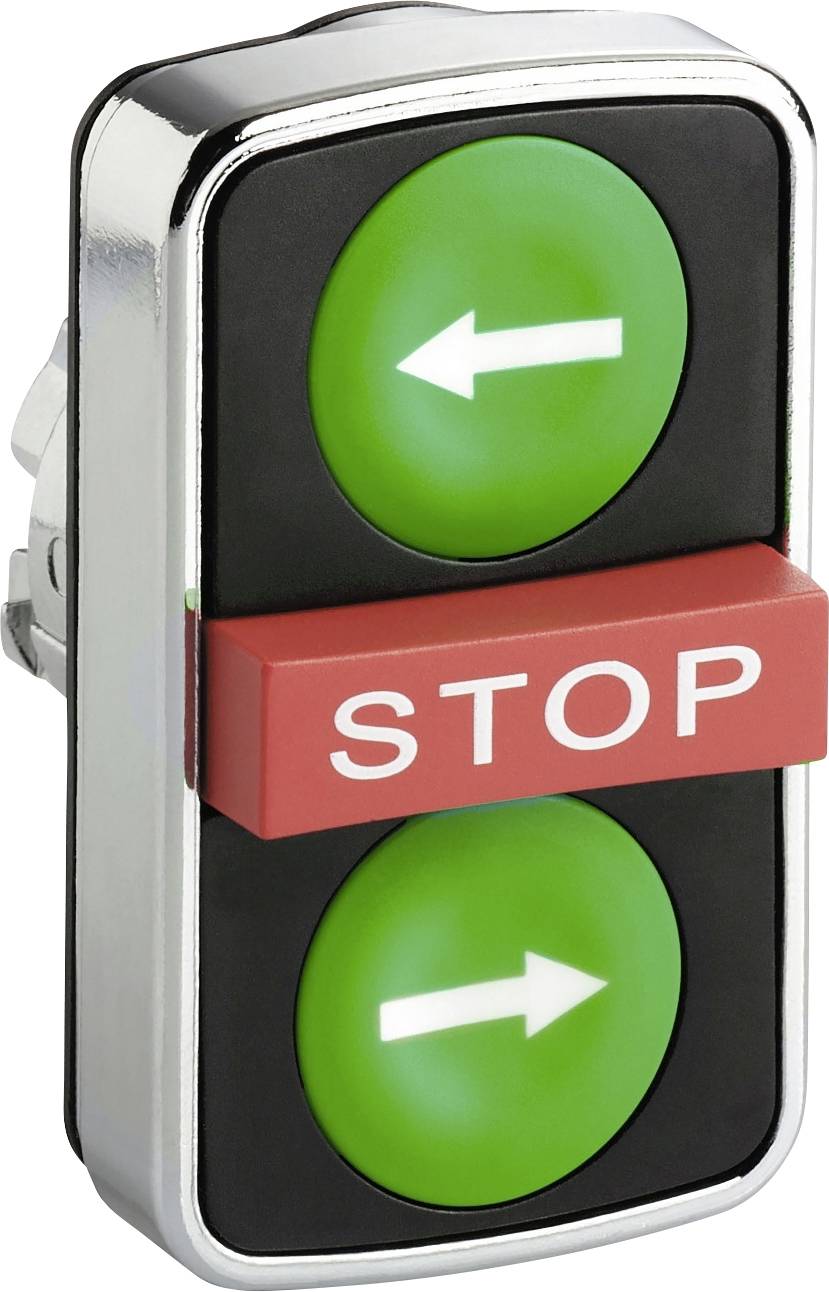 Grünes Doppelpfeil-Symbol über einer roten STOP-Taste auf einem Bedienfeld.