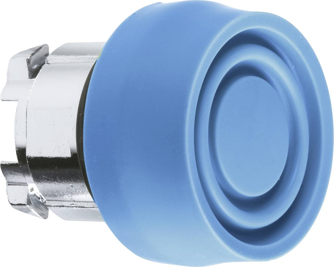 Blauer Druckknopf mit silbernem Sockel, wahrscheinlich ein Teil eines elektronischen Geräts oder Schalters.