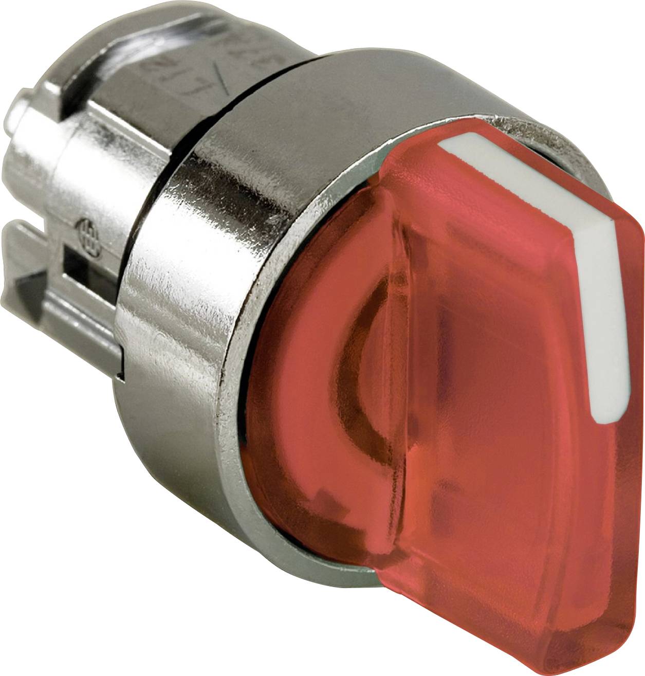 Silberfarbener Drucktaster mit rotem, transparentem Schalter und weißem Pfeil. Elektrisches Bauteil für Maschinenbedienung.