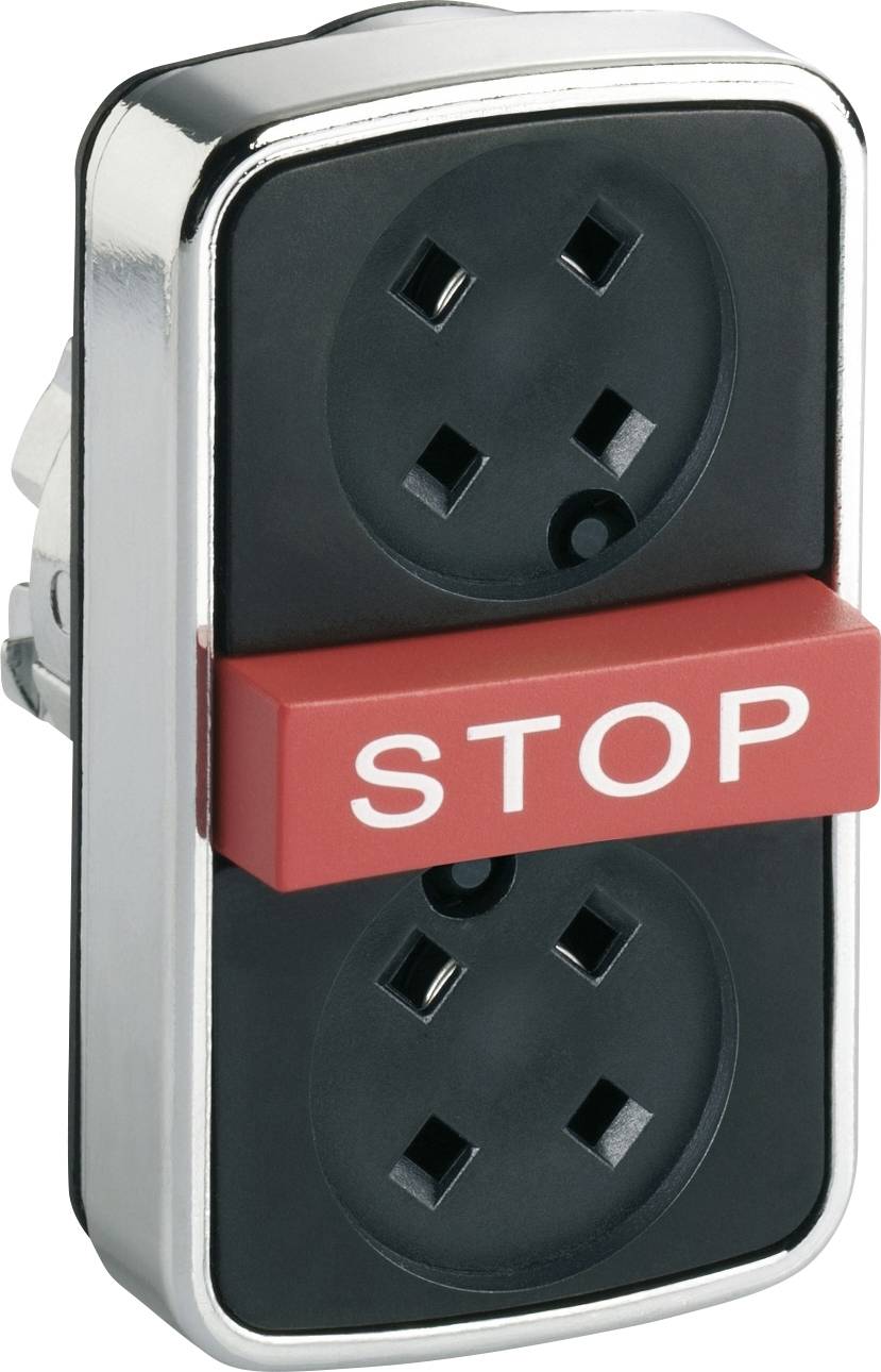 Ein schwarzer Adapter mit zwei Steckdosen und einem roten Band mit der Aufschrift 'STOP'. Kann Geräte mit inkompatiblen Steckern blockieren.