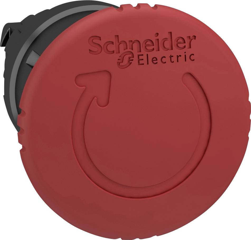 Roter Not-Aus-Schalter von Schneider Electric mit eingraviertem Pfeilsymbol.
