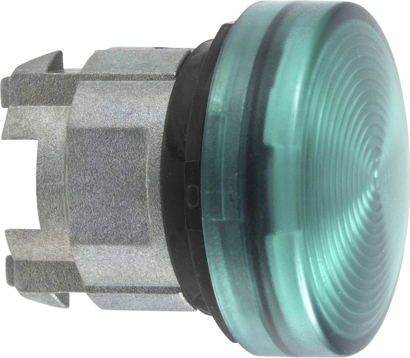 Grüner runder Druckknopf mit geriffelter Oberfläche, montiert auf einem Metallgehäuse.