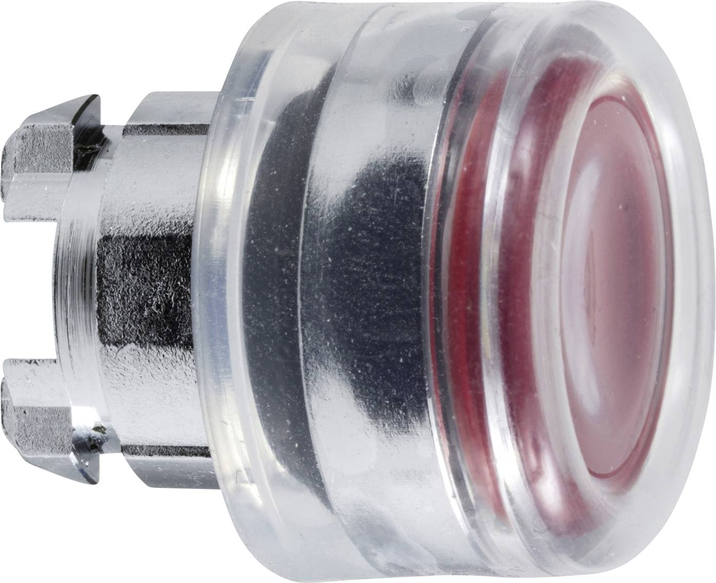 Ein metallischer und transparenter Druckknopf mit rotem Ring. Der Knopf ist zylindrisch und scheint für einen elektrischen Schaltkreis bestimmt zu sein.