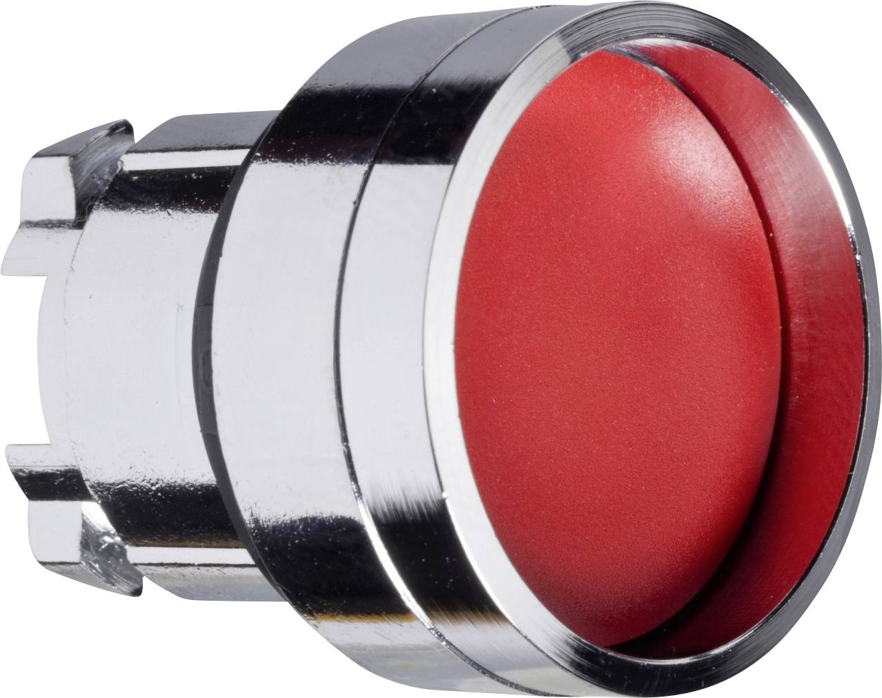 Ein runder, roter Knopf mit silbernem Rand, vermutlich Teil eines elektronischen Geräts oder Schalters.