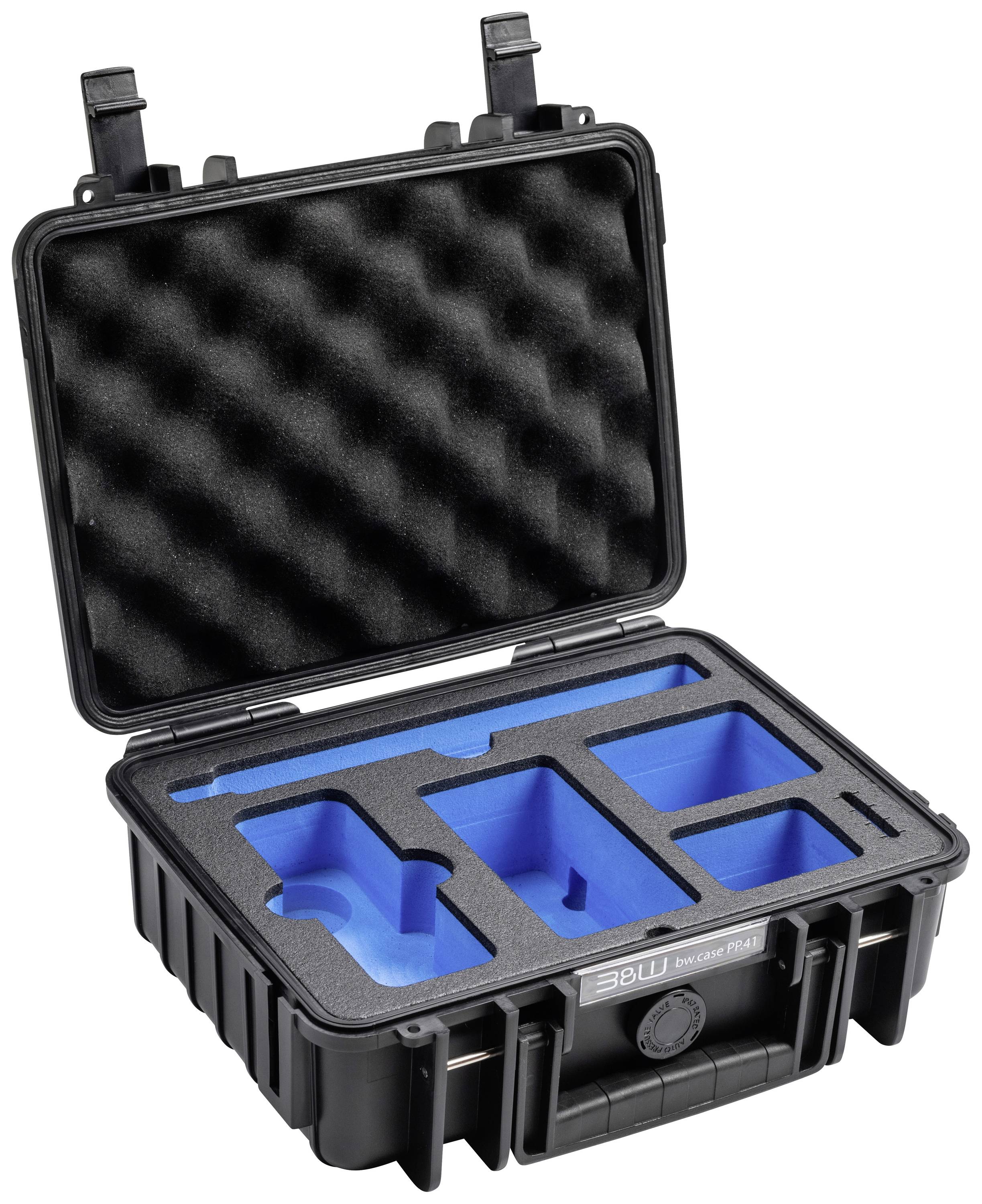 Offener schwarzer Hartschalenkoffer mit Schaumstoffeinlage in Blau, passend für eine Kamera und Zubehör.