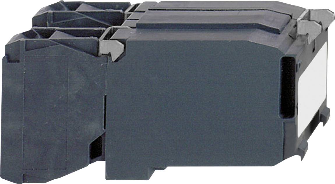 Ein schwarzes elektrisches Bauteil mit rechteckiger Form und mehreren Steckplätzen auf der linken Seite.