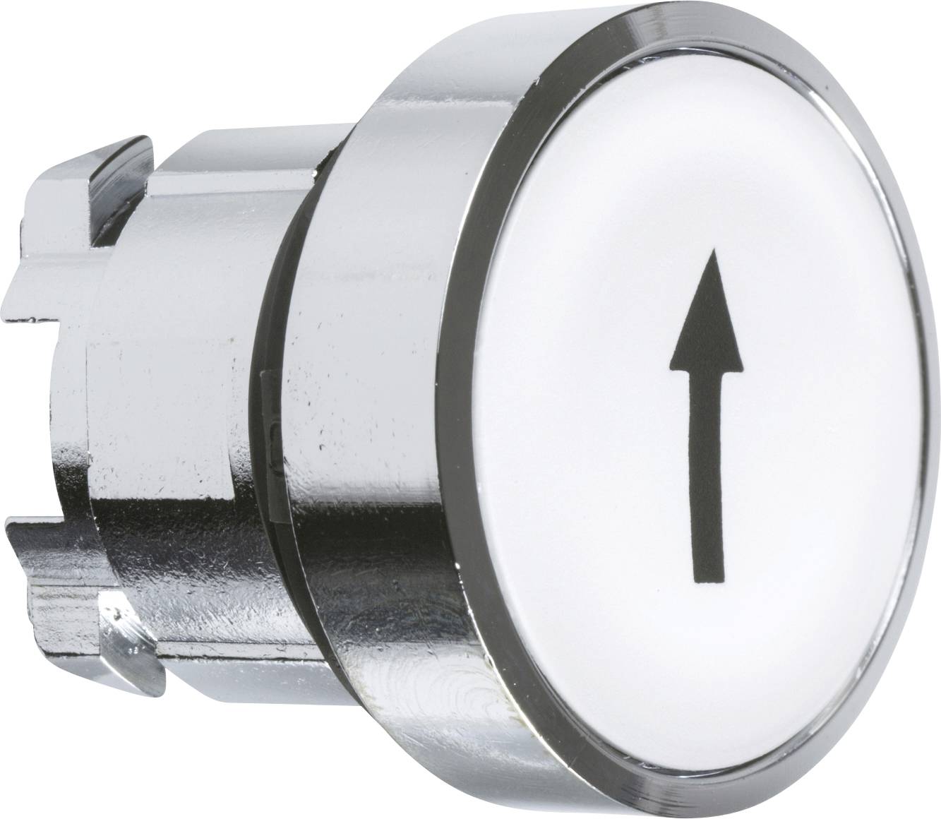 Ein runder silberner Knopf mit einem schwarzen Pfeil, der nach oben zeigt.