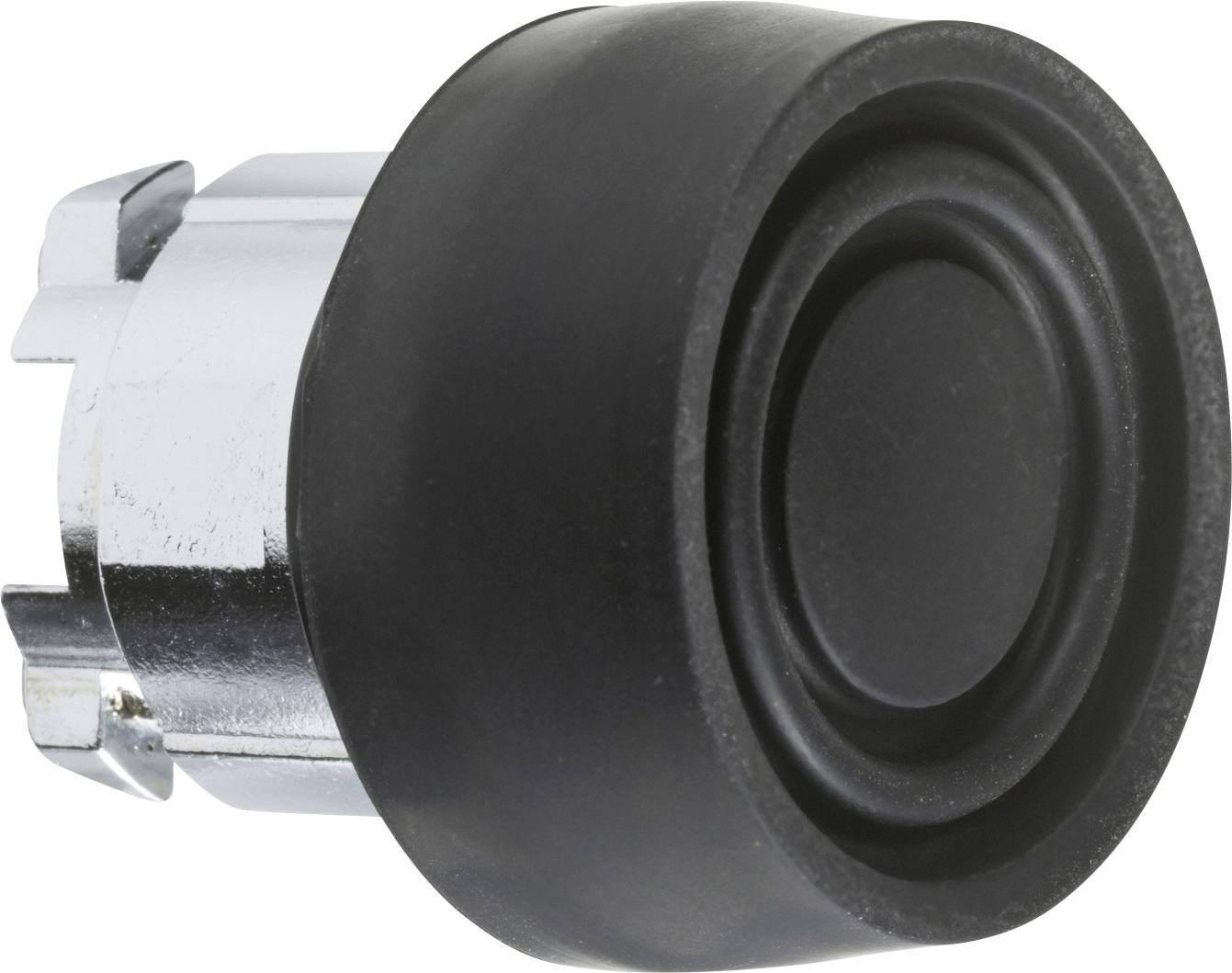 Ein schwarzer, runder Druckknopf mit einem Metallgehäuse, oft verwendet für elektronische Geräte zur Steuerung von Funktionen.