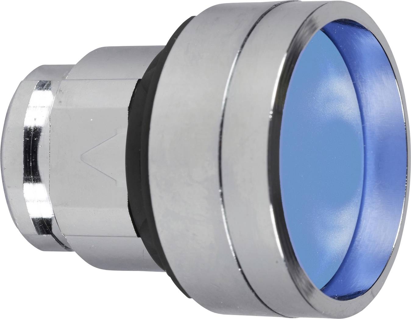 Ein runder, silberner Knopf mit blauem Oberteil, vermutlich ein Druckknopfschalter, wird seitlich gezeigt.