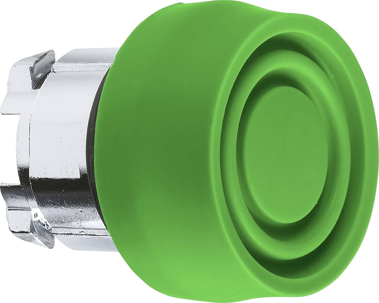 Ein grüner Druckknopf mit metallischem Sockel, möglicherweise Teil eines elektrischen Schalters oder einer Steuerungseinheit.