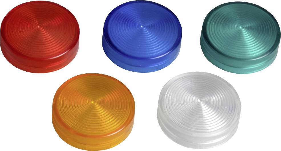 Fünf runde Linsen in verschiedenen Farben: Rot, Blau, Grün, Gelb und Transparent. Sie liegen auf weißem Hintergrund angeordnet.