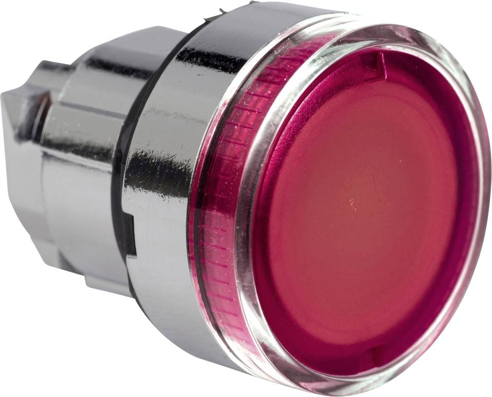 Ein großer, runder, roter Knopf mit silbernem Rahmen.