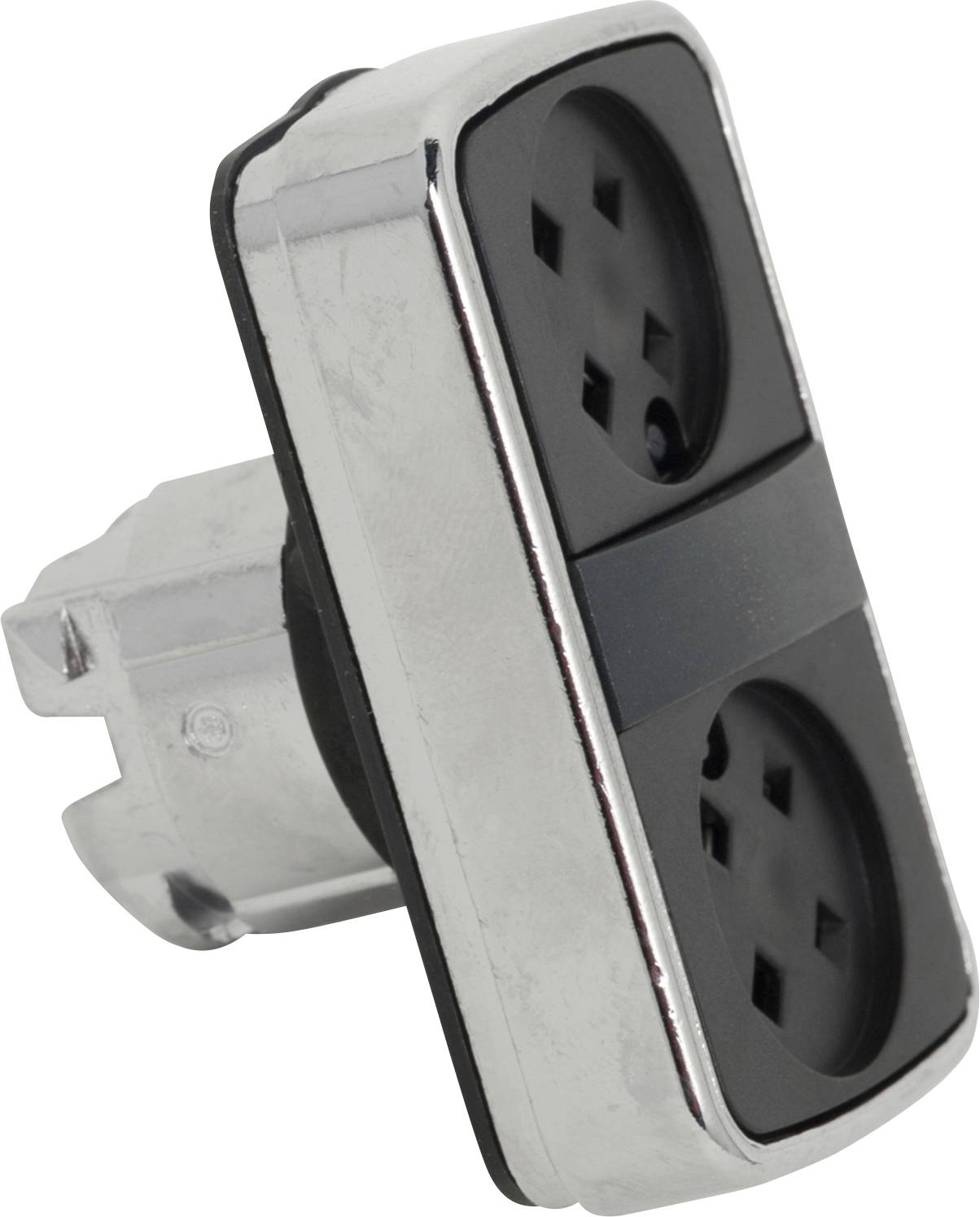 Steckdose: Doppelte Steckplätze, rechteckiges Gehäuse, Metallrahmen. Für elektrische Geräte gedacht.