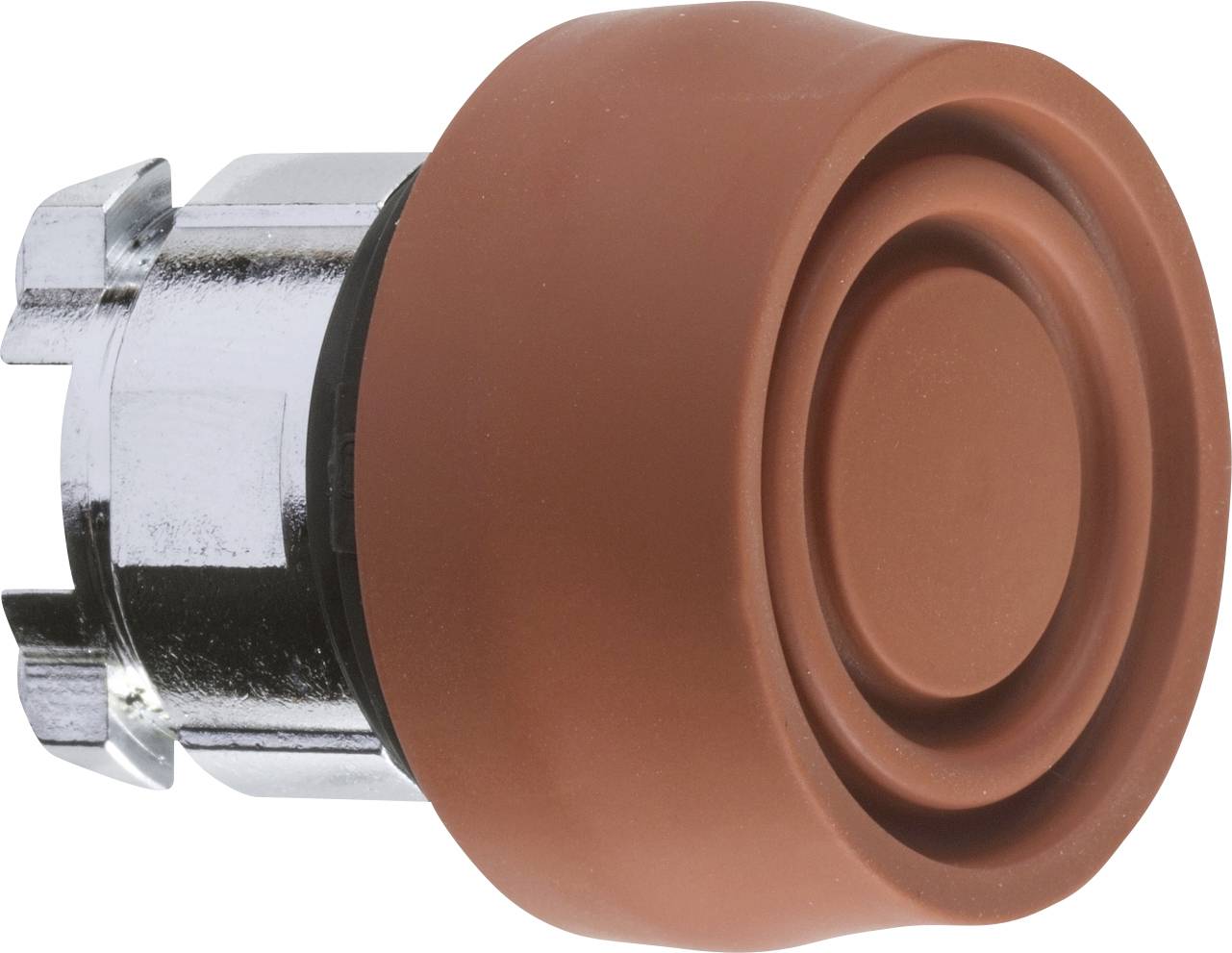 Ein runder, roter Druckknopf mit einer metallischen, silbernen Halterung. Der Knopf scheint für elektronische Geräte gedacht zu sein.