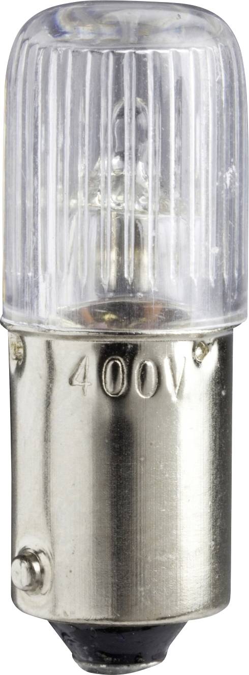 Eine kleine Glühbirne mit transparentem Glas und Metallfassung, darauf steht '400V'. Geignet für Hochspannungsanwendungen.