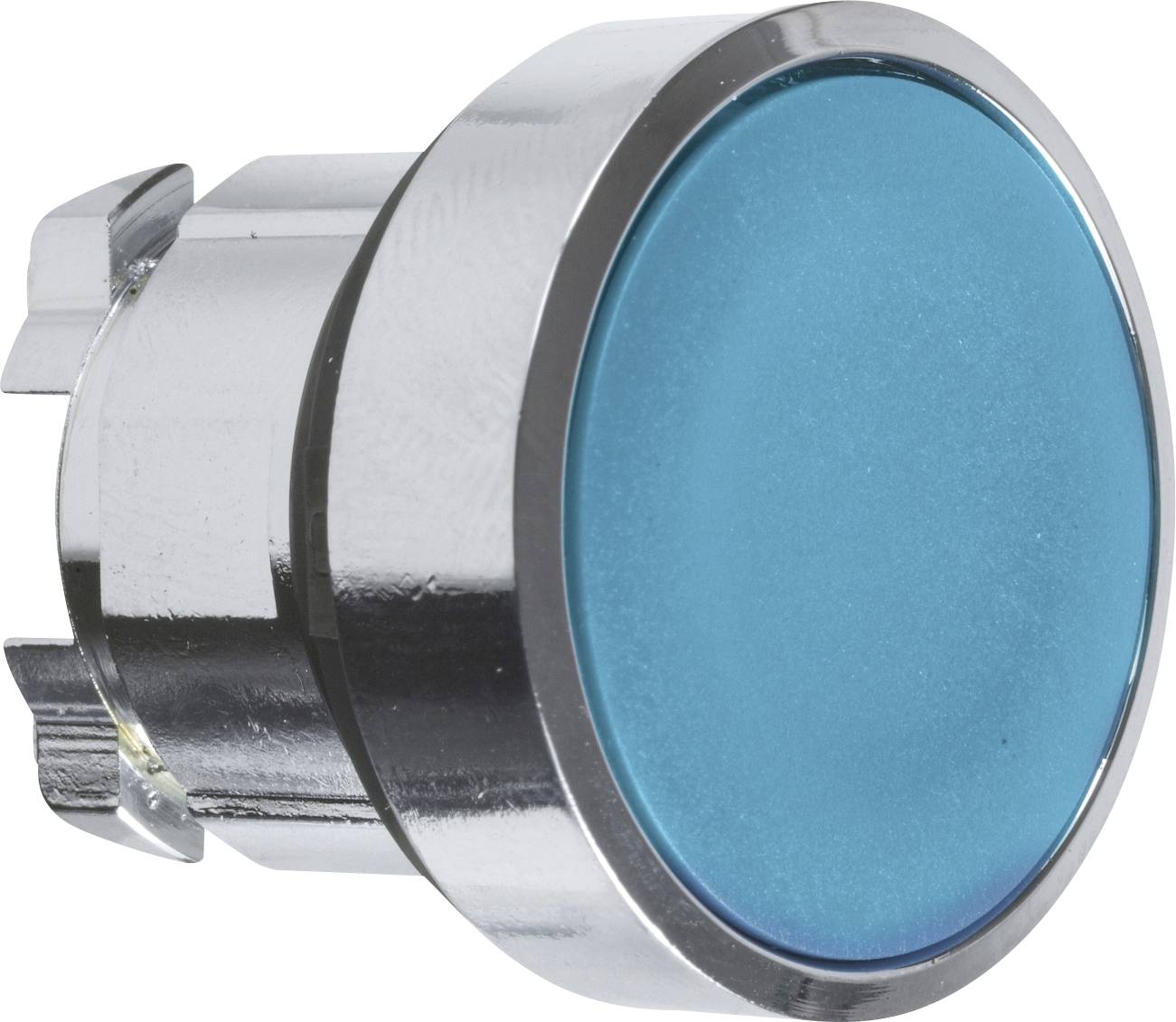 Ein runder, metallener Druckknopf mit einer blauen Fläche in der Mitte. Der Knopf wirkt robust und industriell.