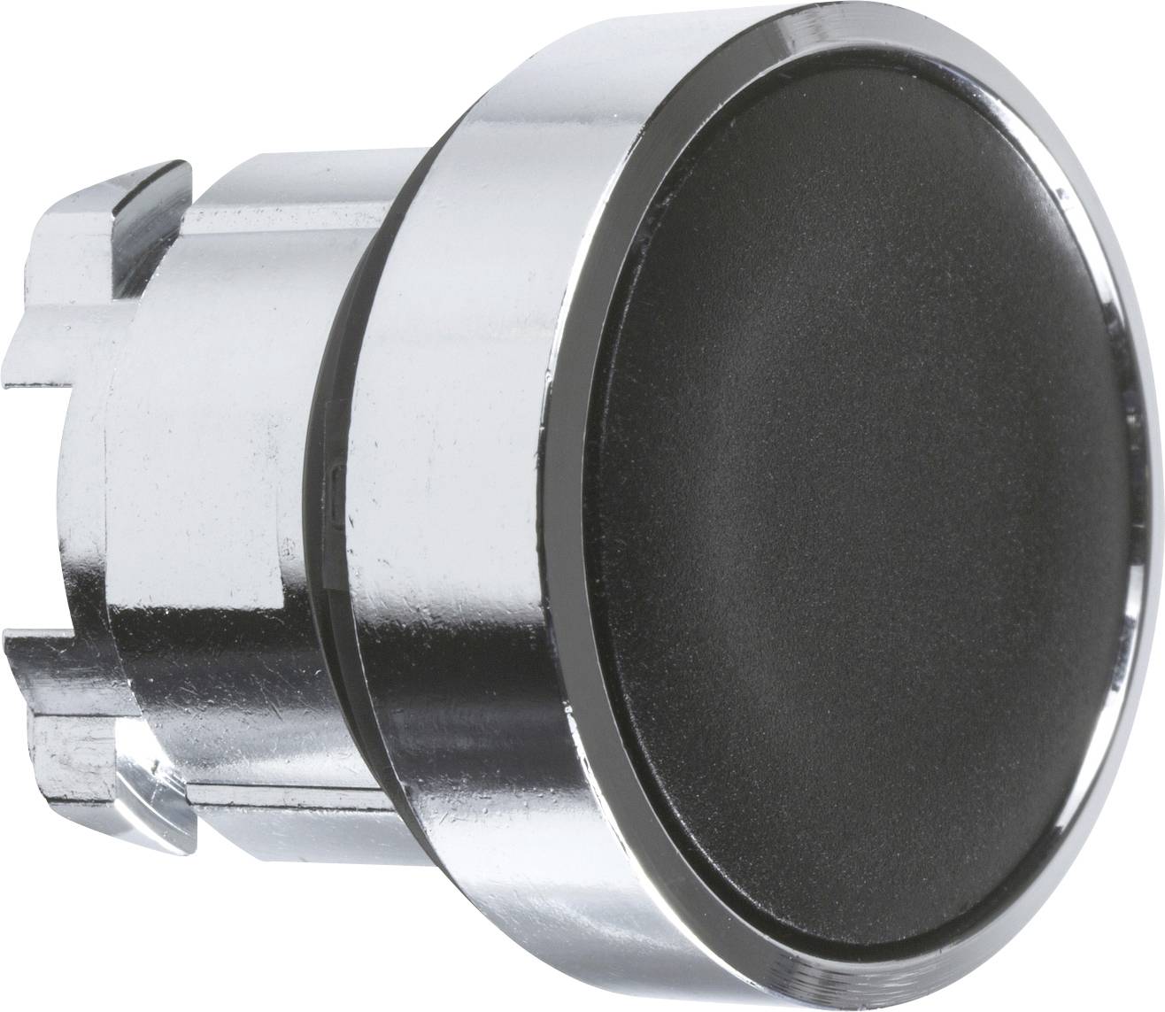 Runder schwarzer Knopf mit silberner Metallumrandung, seitlich gesehen, vor weißem Hintergrund.