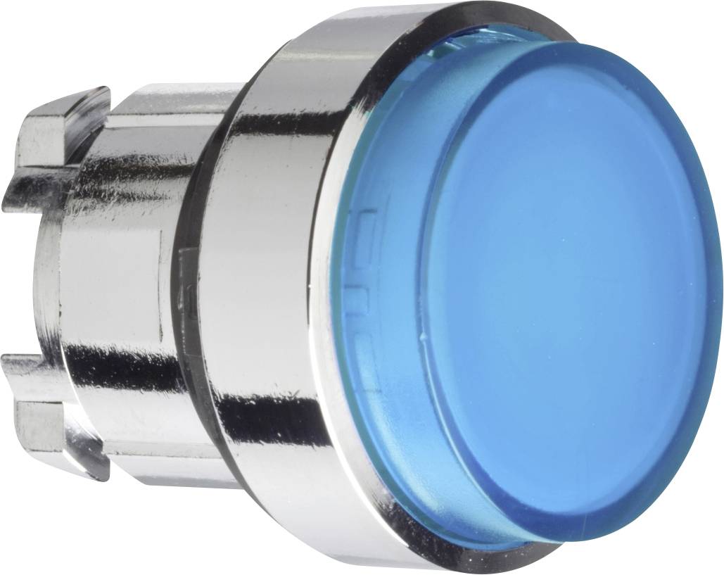 Ein silberner Knopf mit einer blauen, transparenten Oberfläche, wahrscheinlich ein Drückknopf für technische oder industrielle Anwendungen.