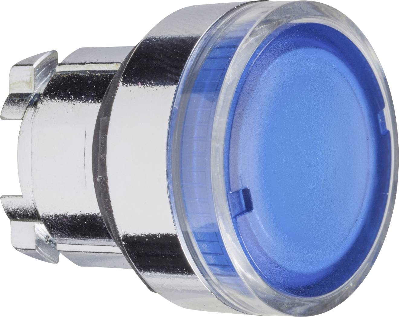 Ein runder, blauer Knopf mit glänzendem silbernem Rand, möglicherweise ein Bedienknopf für ein elektronisches Gerät oder eine Maschine.
