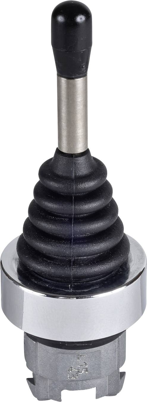 Ein schwarzer Hebel mit mehrfach abgestufter Manschette auf einem runden, silberfarbenen Sockel; typisches Bauteil eines Joysticks.