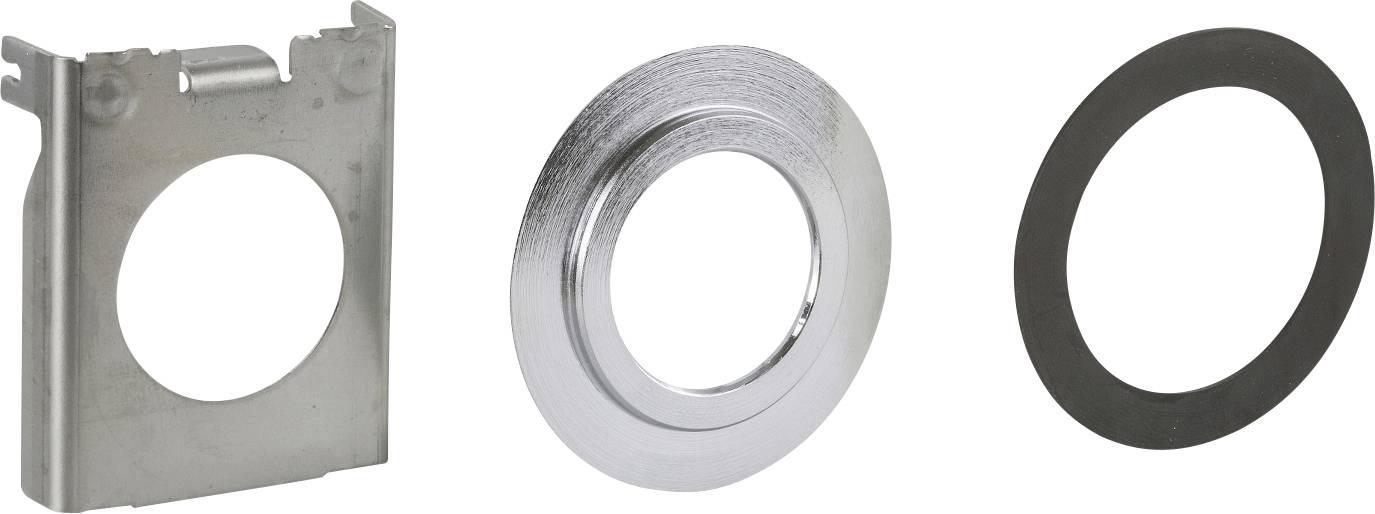 Drei verschiedene Unterlegscheiben: Eine quadratische Metall-Unterlegscheibe mit rundem Loch, eine silberne runde Unterlegscheibe und eine schwarze flache Scheibe.