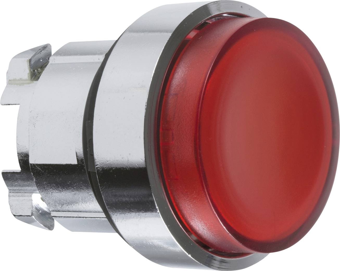 Roter Knopf in Metallfassung, hervorgehoben und zentral dargestellt.