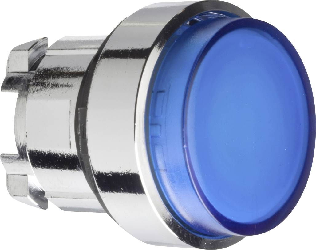 Ein runder, silberner Knopf mit blauer, leuchtender Oberfläche, der zur Bedienung eines elektronischen Geräts verwendet wird.