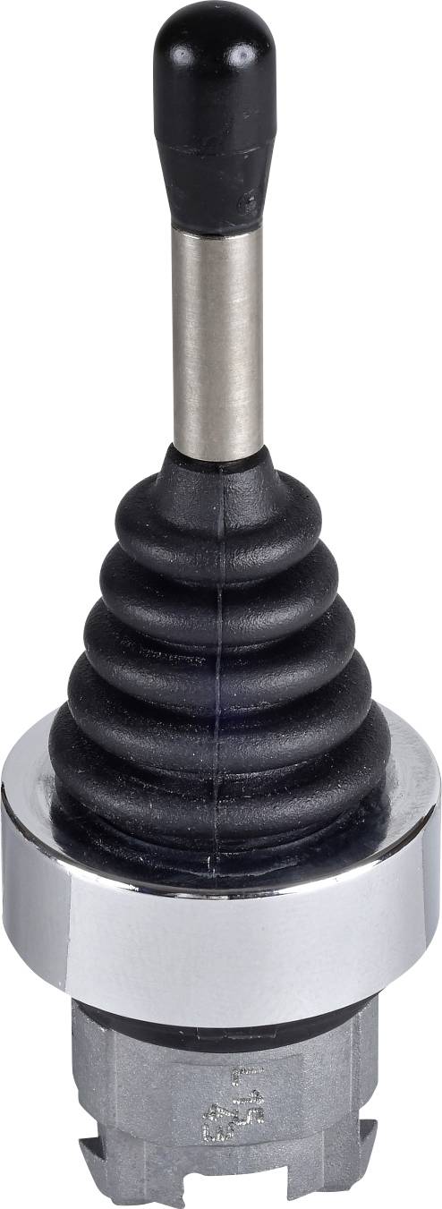Ein Joystick-Schalter mit konzentrischen Rillen, schwarzem Knopf und metallischer Basis. Verwendet für Maschinensteuerungen.
