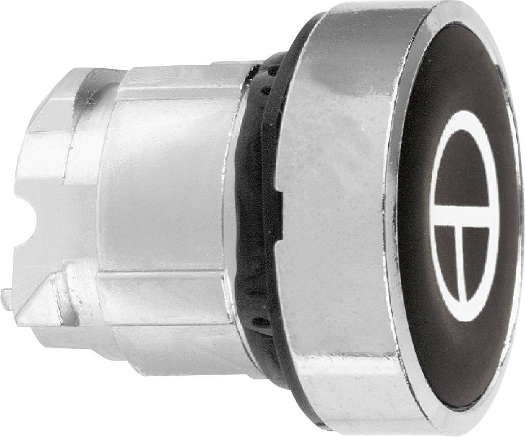 Runder, silberner Metallknopf mit schwarzer Oberfläche, darauf ein weißes Symbol; möglicherweise ein Steuerungselement.