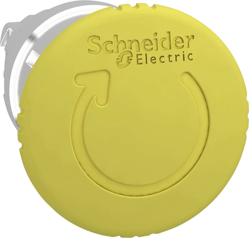 Gelber Knopf mit Logo 'Schneider Electric' und einem geschwungenen Pfeil darauf, Symbol für Wiederverwertung.