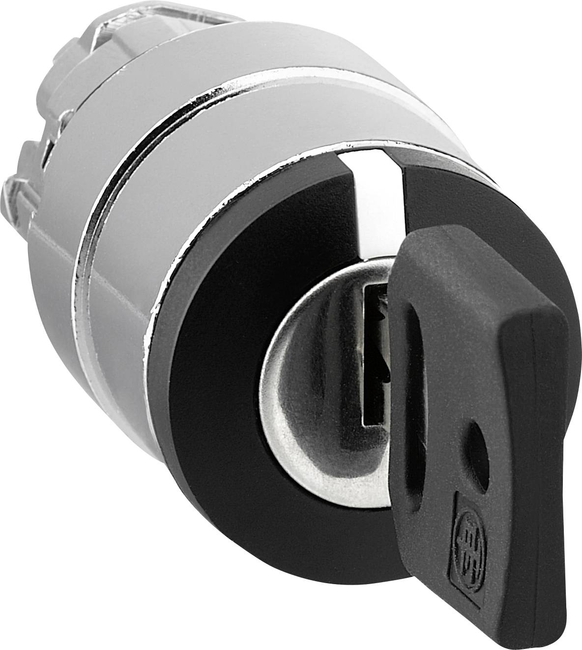 Ein schwarzer Schlüssel steckt in einem silbernen Zylinderschloss.