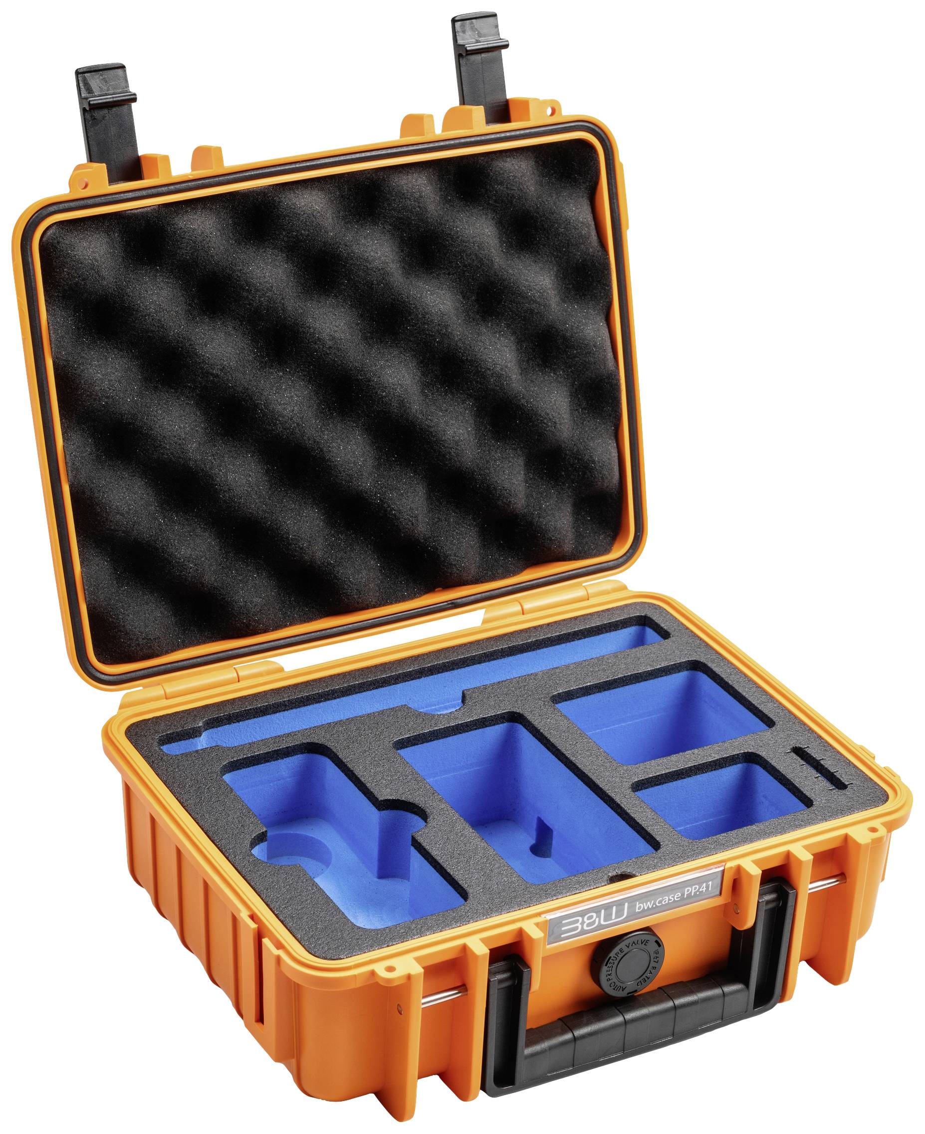 Offener orangefarbener Schutzkoffer mit Schaumstoffeinlage und Fächern, ideal zum sicheren Transport und Schutz von empfindlichen Geräten.