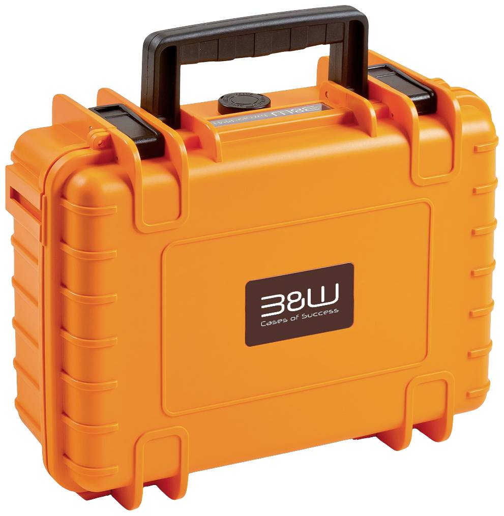 Ein leuchtend orangefarbener, robuster Schutzkoffer mit schwarzem Griff, Markenlogo auf der Vorderseite. Designed für sicheren Transport.