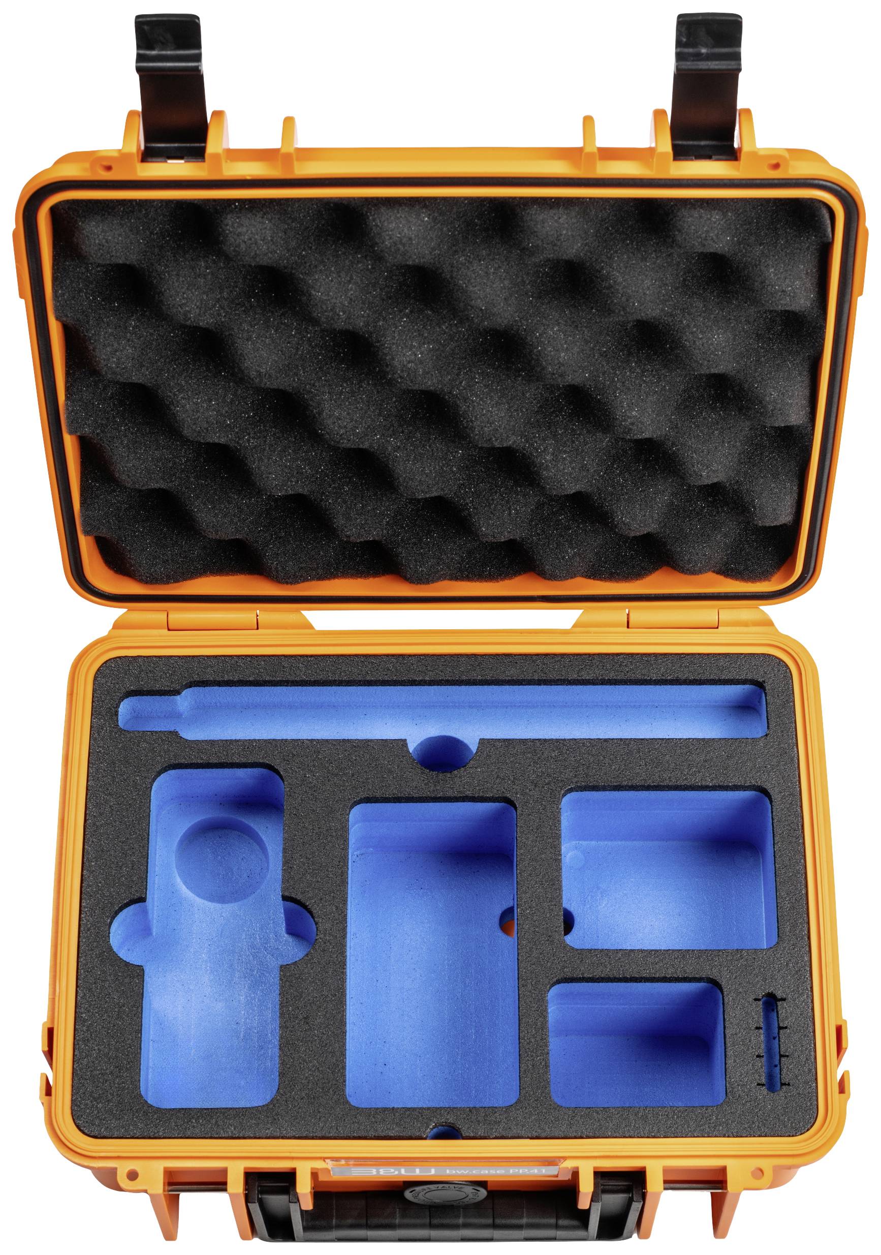 Ein offener, orangefarbener Koffer mit schwarzer und blauer Schaumstoffeinlage, die für das sichere Verstauen von Geräten ausgeformt ist.