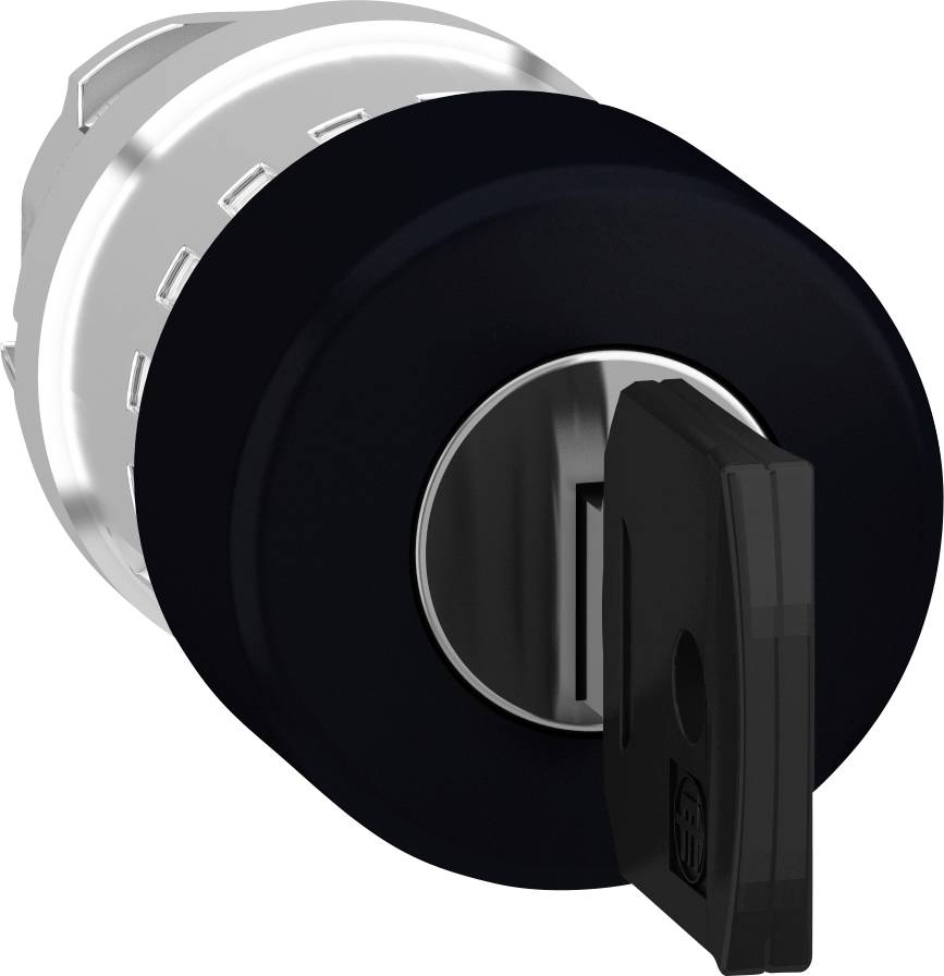 Schloss mit eingestecktem Schlüssel; modernes Zylinderdesign, silberne und schwarze Farben.