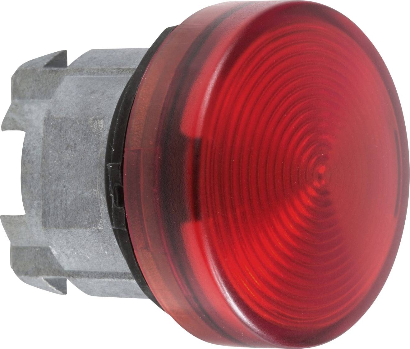 Runder, leuchtend roter Knopf, möglicherweise ein Warnlicht oder Schalter. Silberne Fassung.