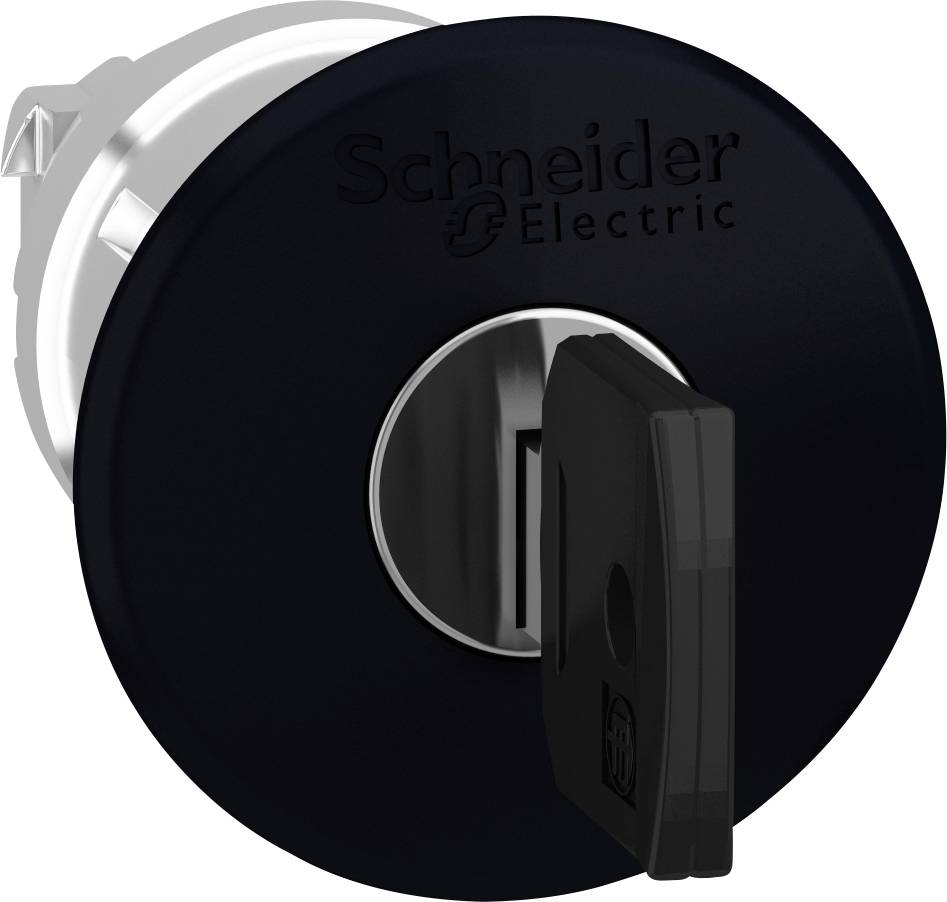 Ein schwarzer Schlüssel steckt in einem runden, schwarzen Schloss, auf dem 'Schneider Electric' steht.