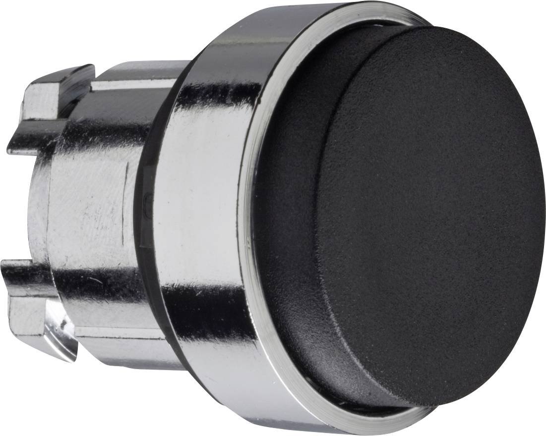 Ein runder, schwarzer Druckknopf mit silbernem Rand, seitliche Ansicht. Geeignet für elektrische Schalteranwendungen.