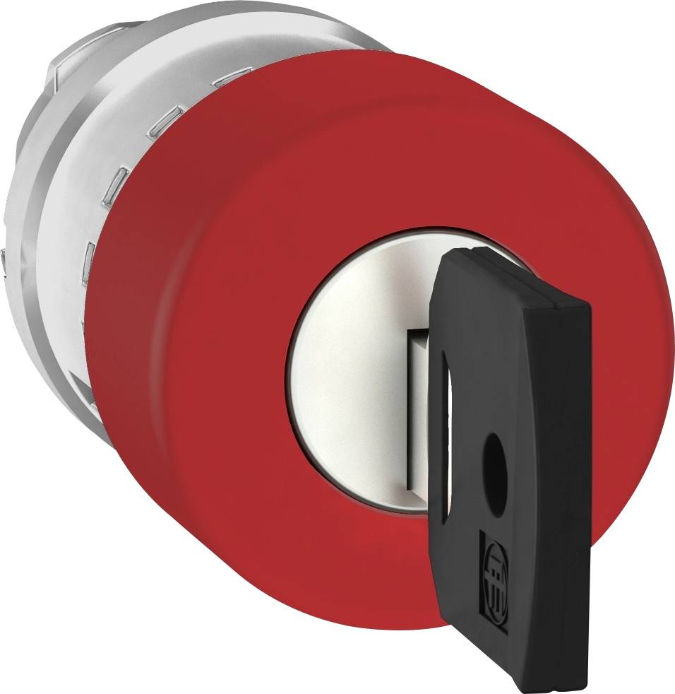 Roter Sicherheitsschalter aus Metall mit schwarzem Schlüssel.