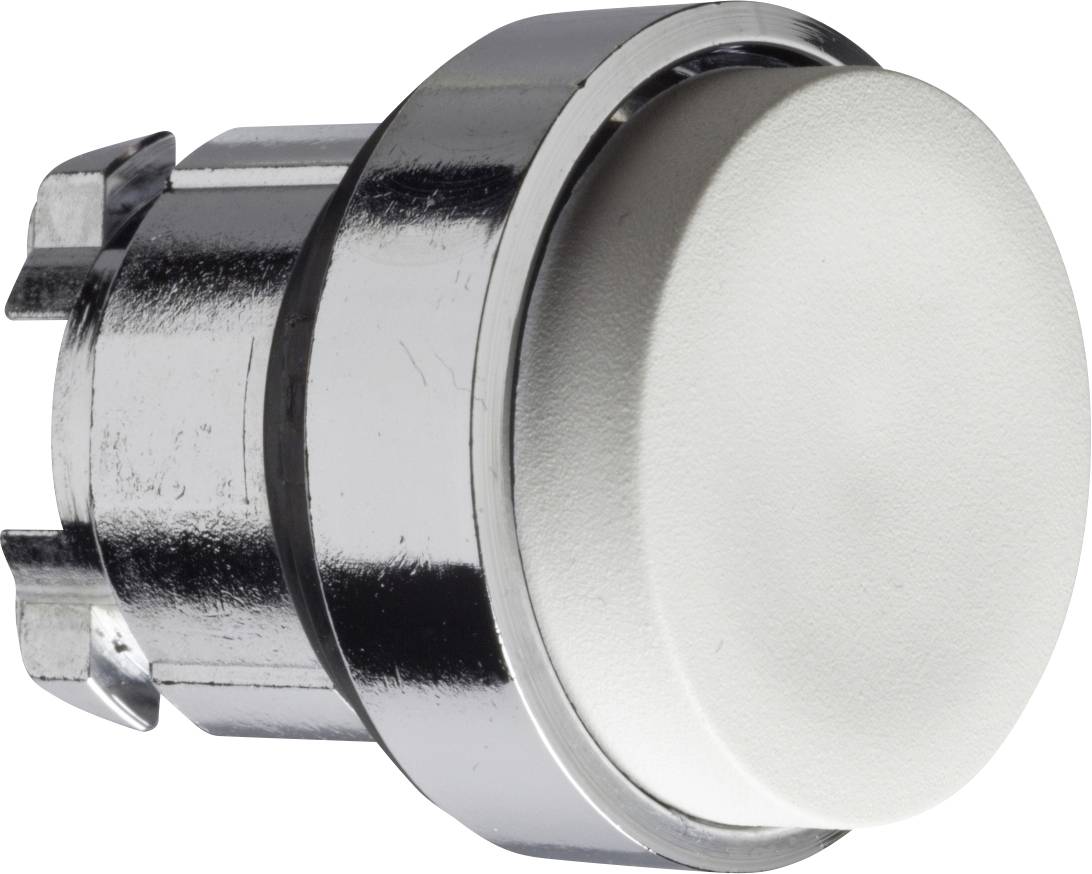 Runder, silberner Druckknopf mit weißer Taste vor weißem Hintergrund. Hauptsächlich zur Steuerung in industriellen Anwendungen verwendet.