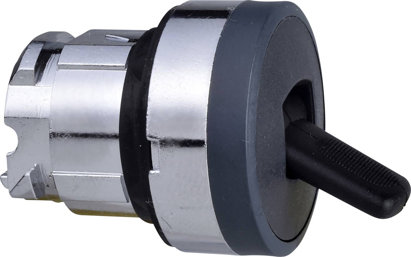 Ein schwarz-silberner Industrieschalter mit Drehmechanismus, verkörpert robustes Design; vorderansicht, Technik im Fokus.