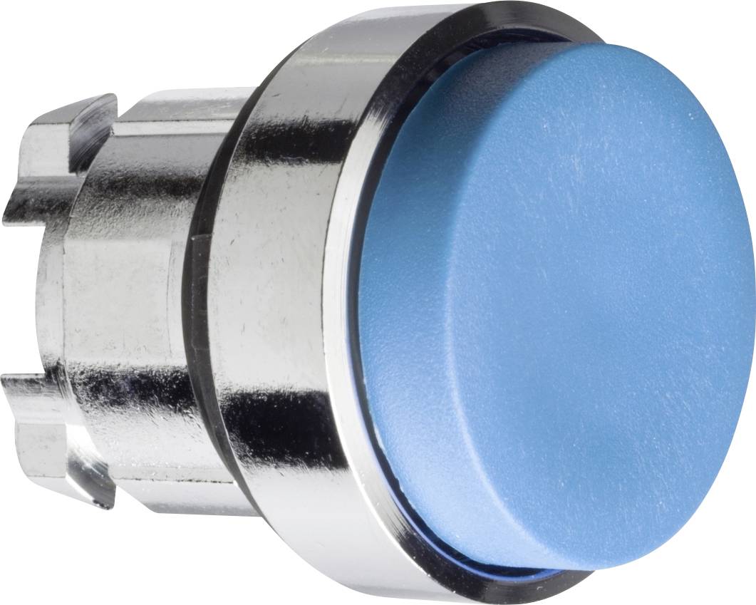 Ein blauer Druckknopf in einer silbernen Fassung, oft verwendet für mechanische oder elektrische Gerätebedienungen.