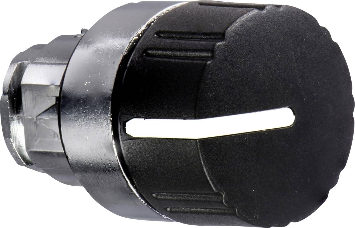 Ein schwarzer Drehknopf mit einem weißen Markierungsstreifen, verwendet zur Einstellung oder Steuerung von Geräten.